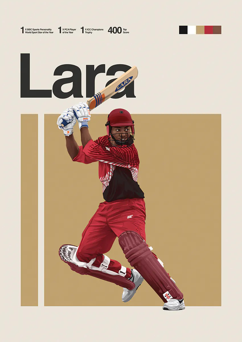 Brian Lara cricket poster in red and maroon batting pose