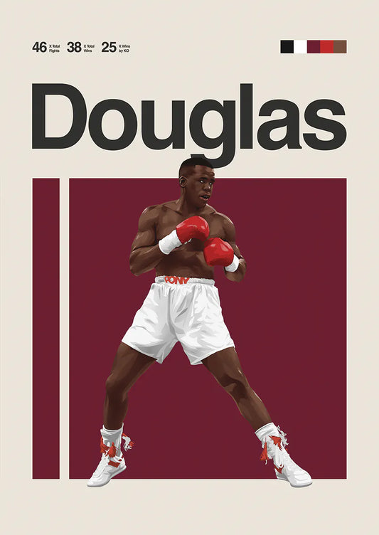 Buster Douglas boxing poster with red gloves and burgundy background