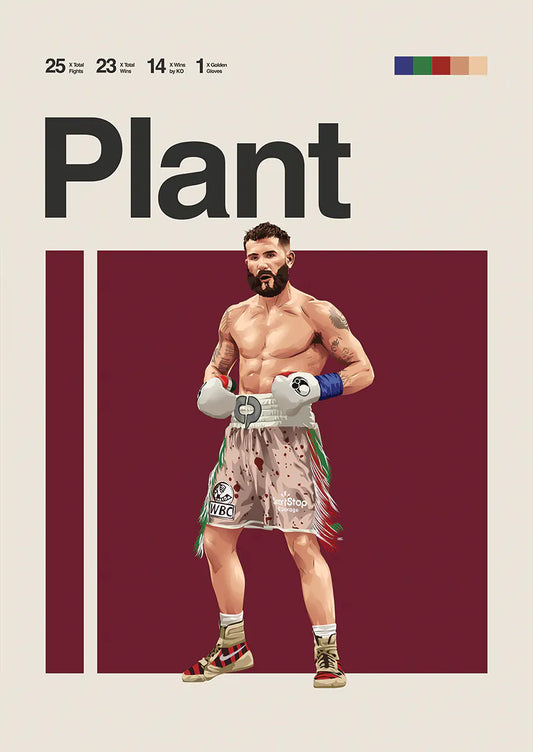 Caleb Plant boxing poster in colorful trunks and gloves