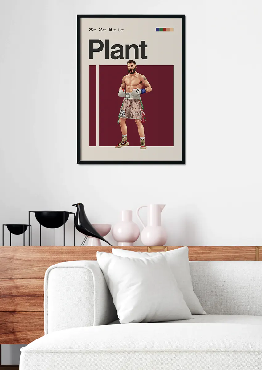 Caleb Plant art print with strong pose and maroon background