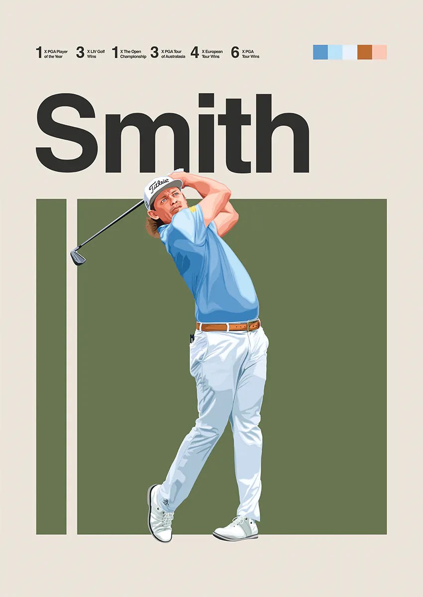 Cameron Smith poster with golfer mid-swing in blue shirt and olive green background