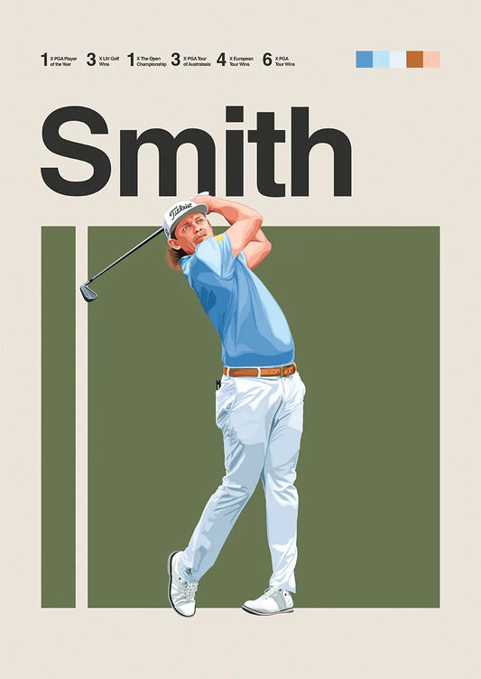 Cameron Smith poster with golfer mid-swing in blue shirt and olive green background