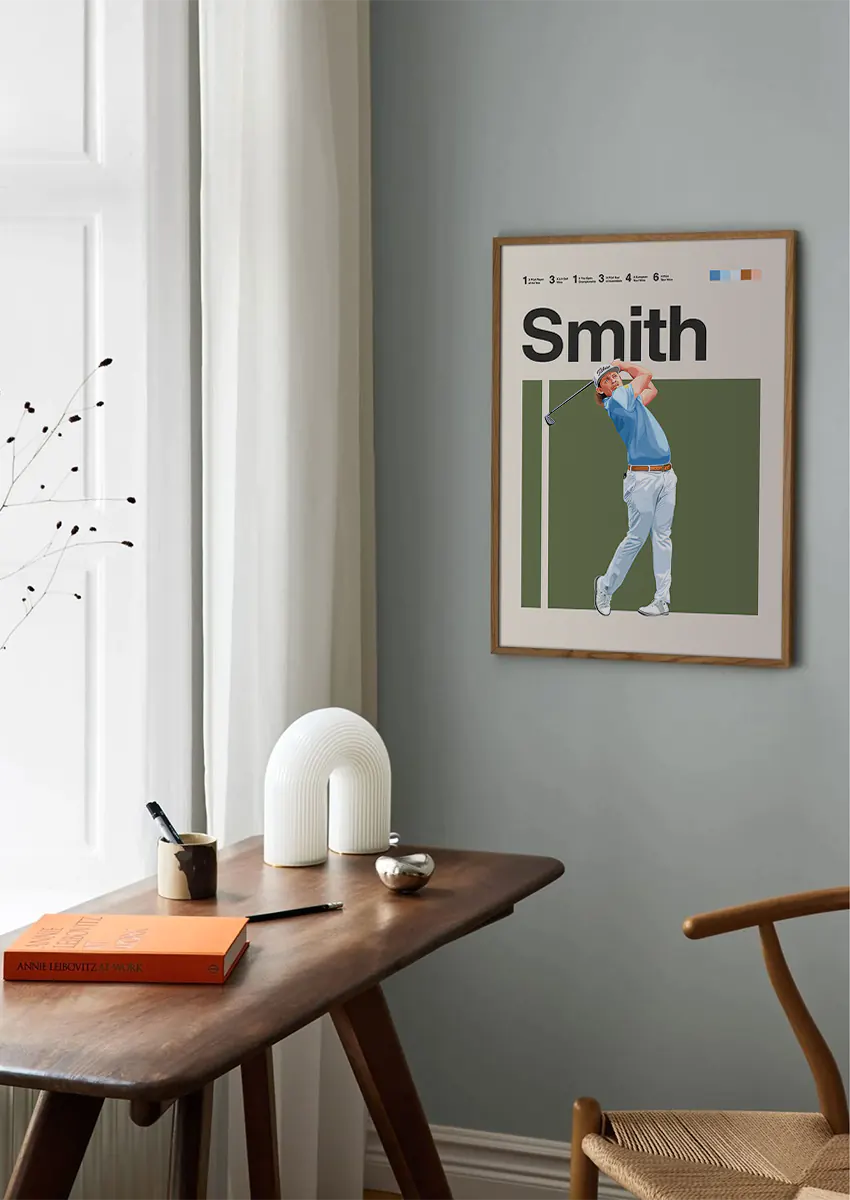 modern golf wall art of Cameron Smith wearing white Titleist hat and white pants