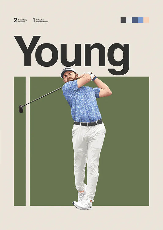 Cameron Young poster featuring mid-swing motion in speckled blue shirt
