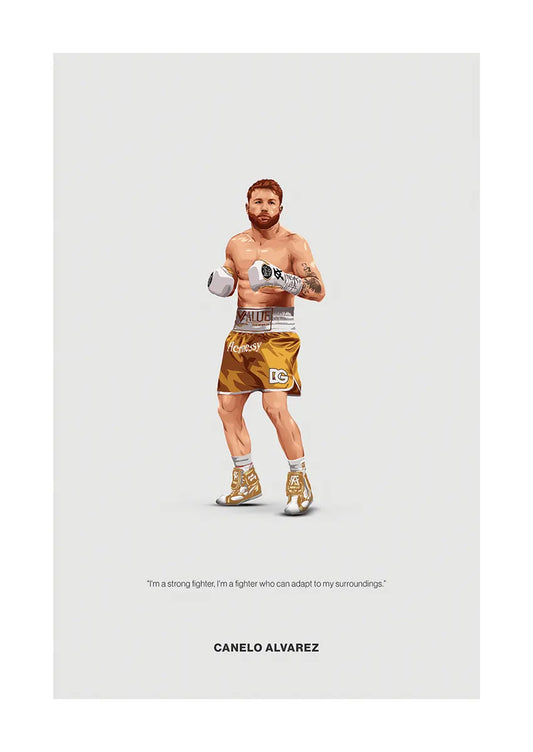 Boxing wall art poster featuring a stylized illustration of a boxer in gold shorts