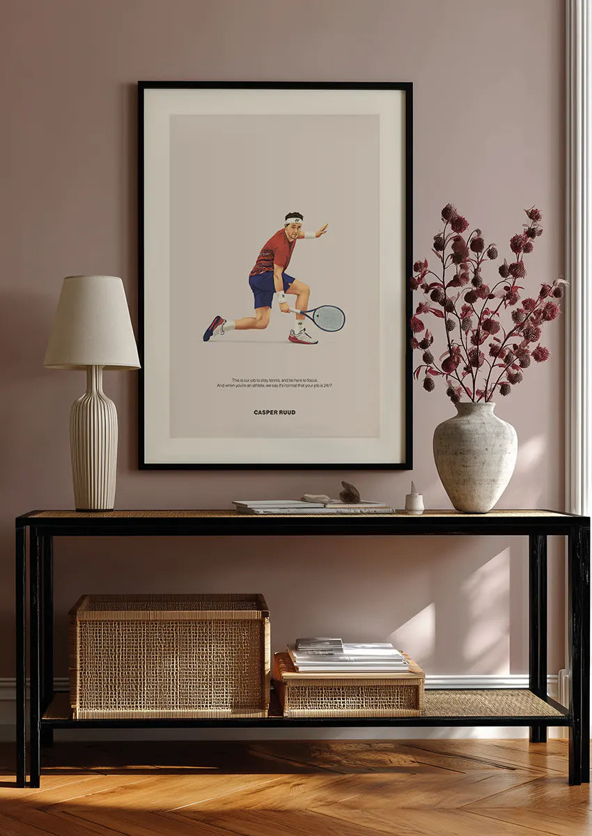 Sports art print of tennis player Casper Ruud in red and navy outfit