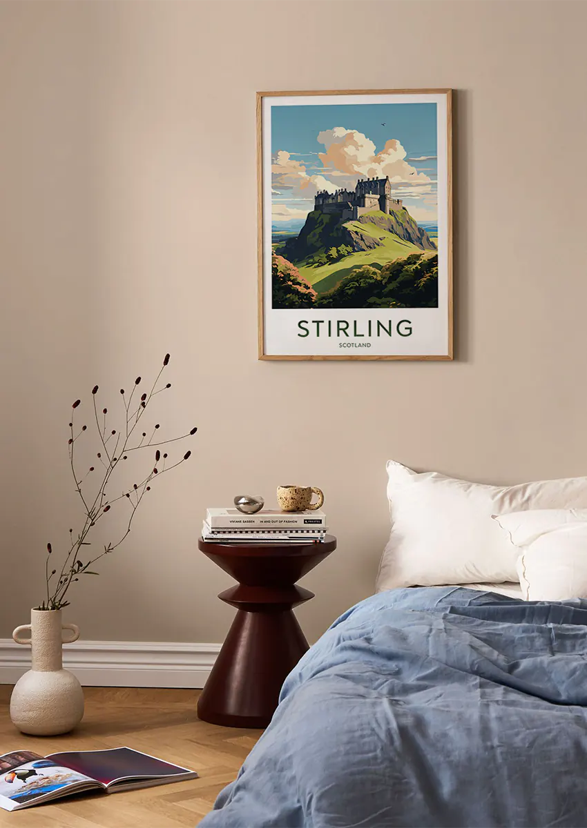 Scottish landscape wall art featuring green hills and historic castle