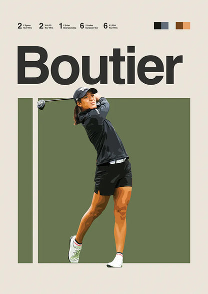 Celine Boutier poster with black outfit and golf swing against olive green background