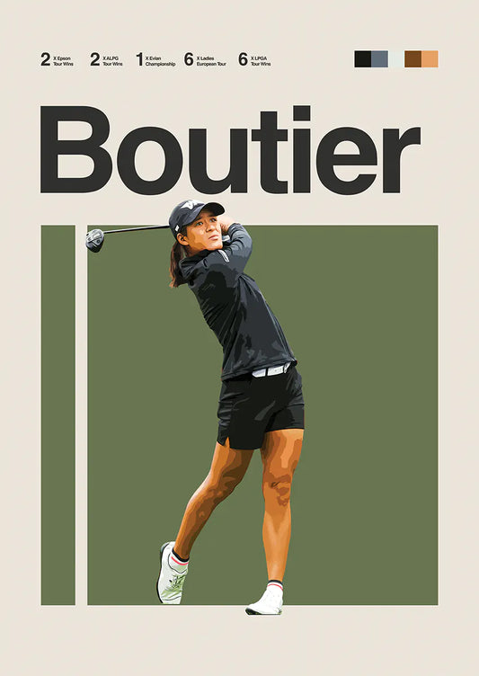 Celine Boutier poster with black outfit and golf swing against olive green background