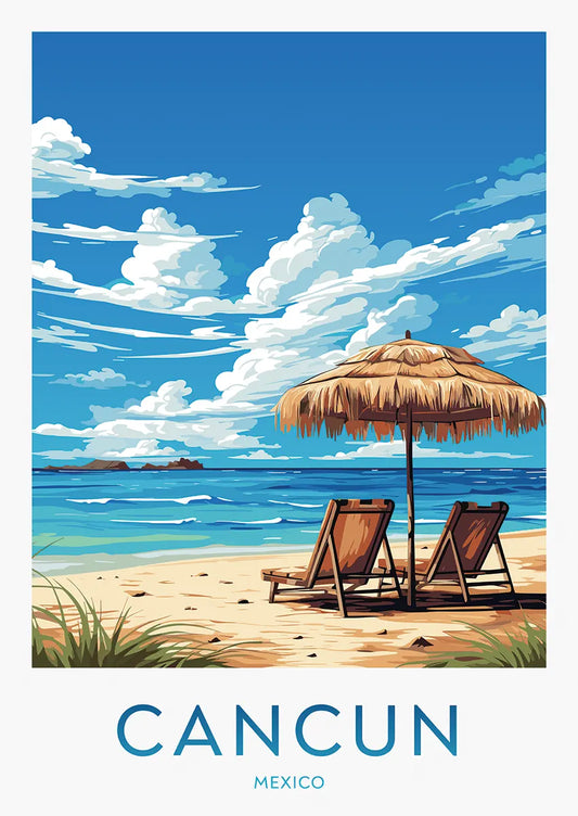 Cancun travel poster with beach chairs and palapa umbrella by the Caribbean Sea