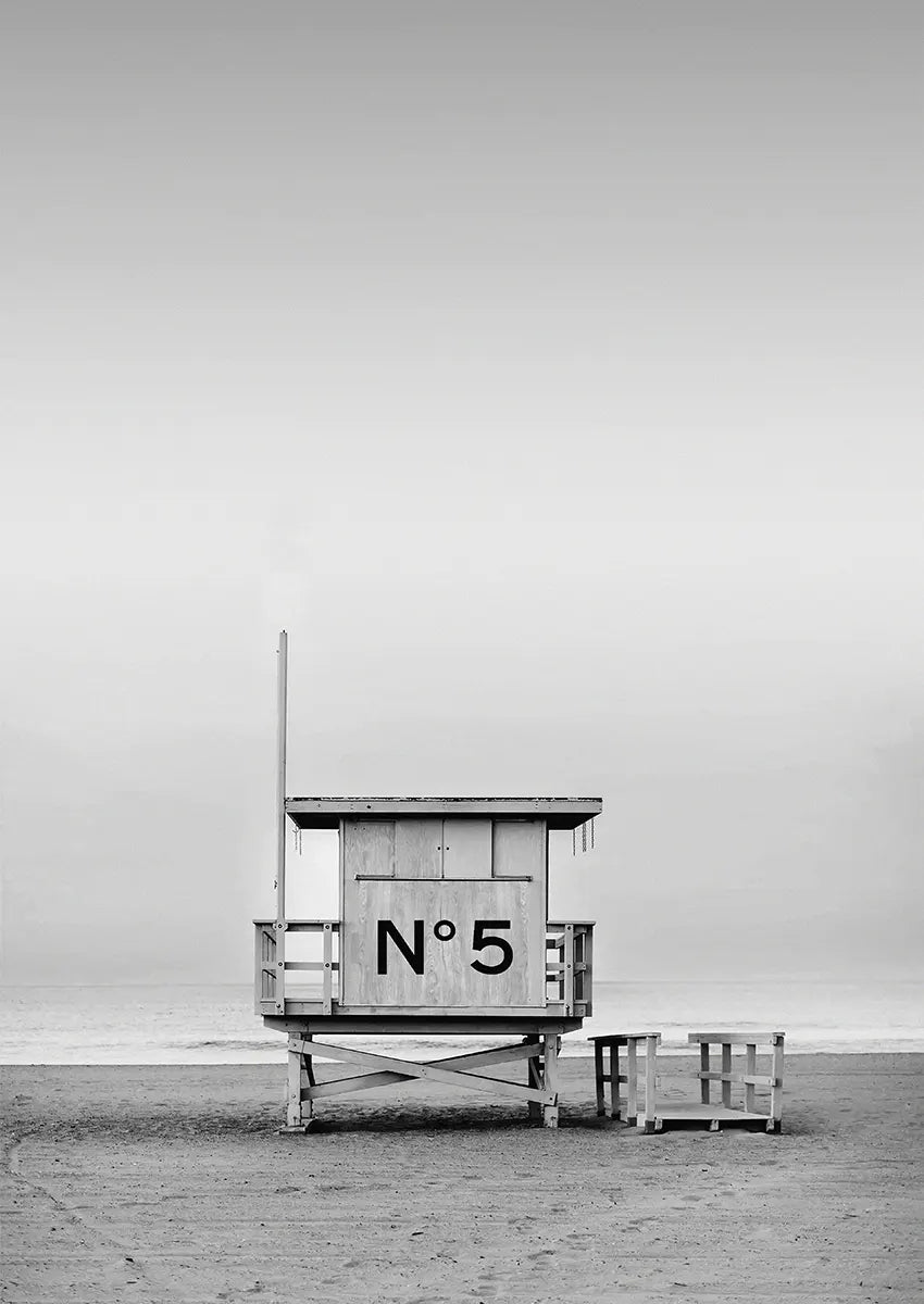 chanel no5 inspired beach hut black and white poster