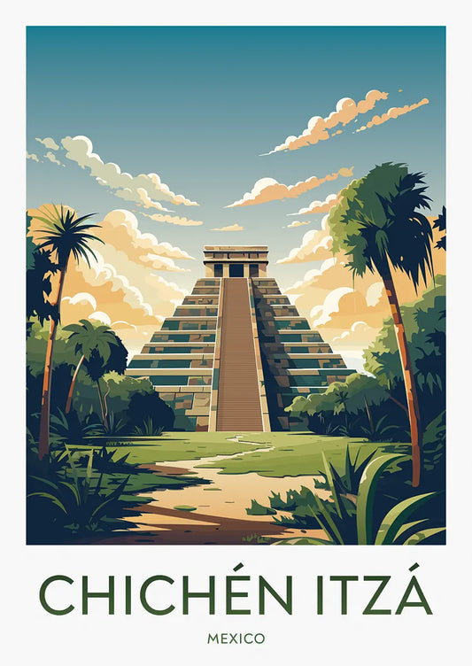 Chichén Itzá travel poster with El Castillo pyramid at sunset