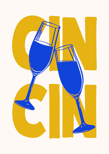 Italian Cin Cin cheers poster with champagne glasses and bold yellow typography