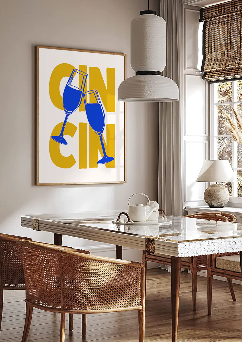 Pop art style champagne glasses poster with Cin Cin toast in modern graphic design