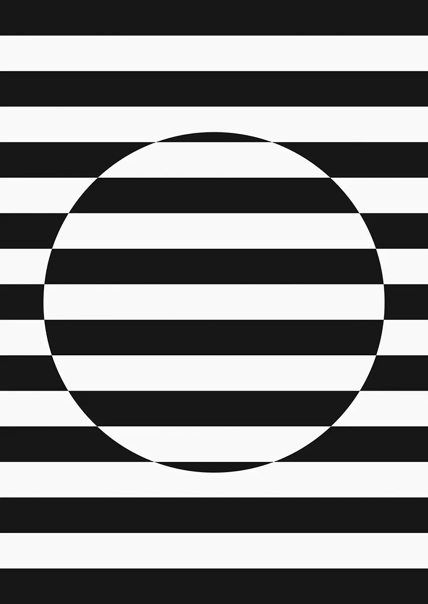 black and white abstract geometric poster with circle and stripes