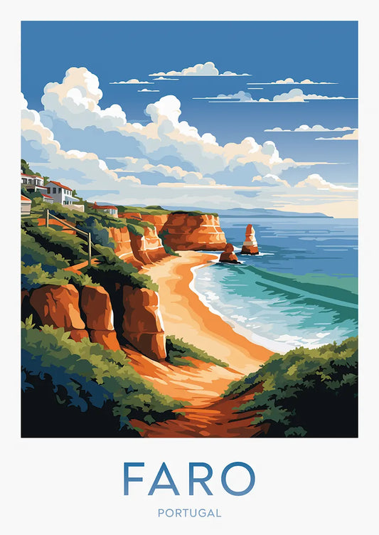Faro Portugal poster with Algarve cliffs and ocean waves