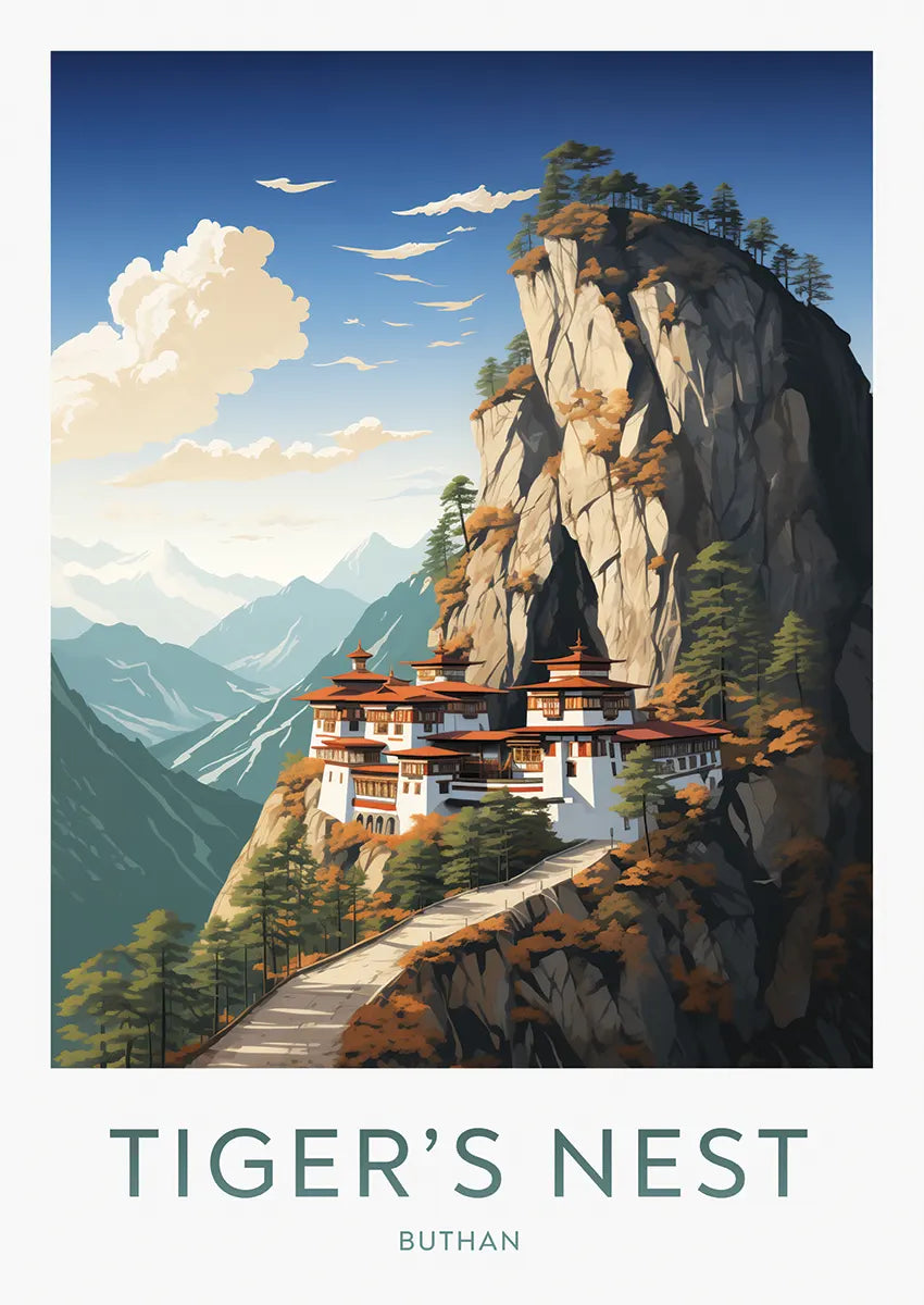 Tiger's Nest Bhutan travel poster with cliffside monastery and Himalayan view