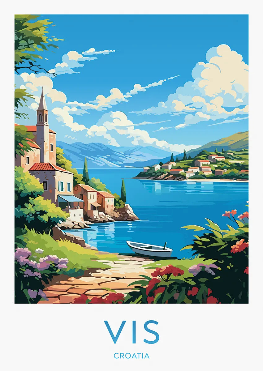 Vis Croatia poster with Adriatic seaside village and blue water