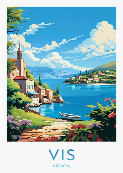 Vis Croatia poster with Adriatic seaside village and blue water