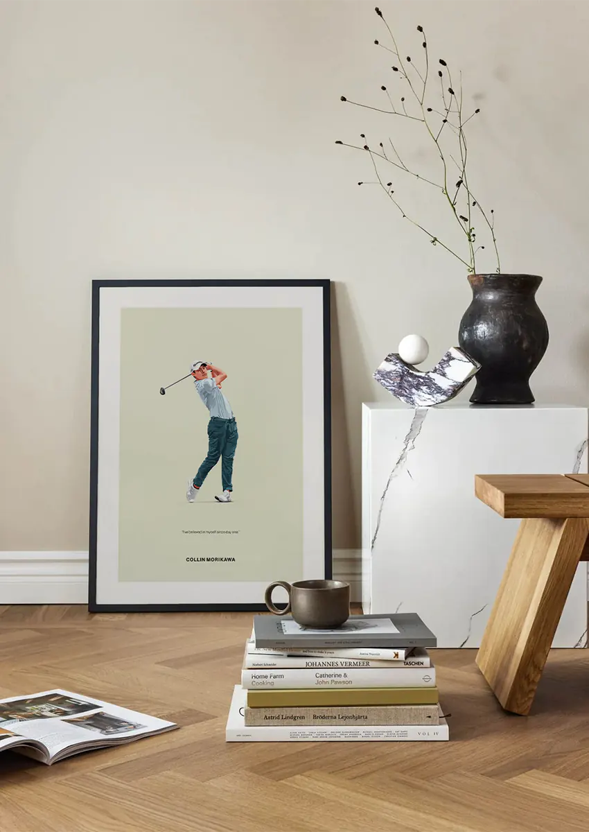 Minimalist golf swing artwork featuring Collin Morikawa