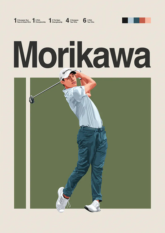 Collin Morikawa poster mid-swing in white shirt and dark pants with olive green background