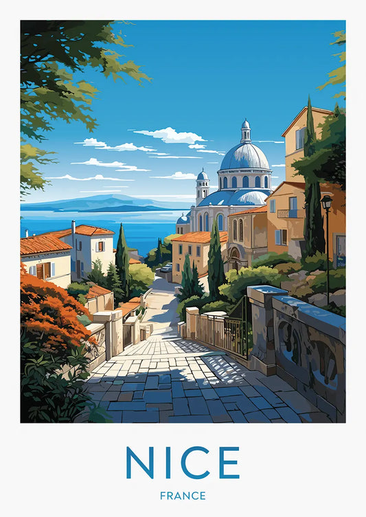 nice france travel poster with sea view and domes