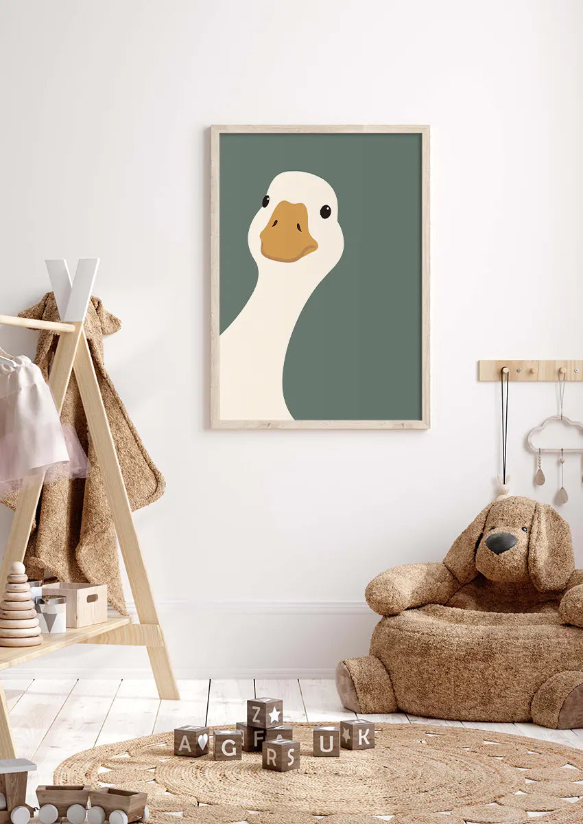 Funny animal wall art featuring curious white duck in modern style