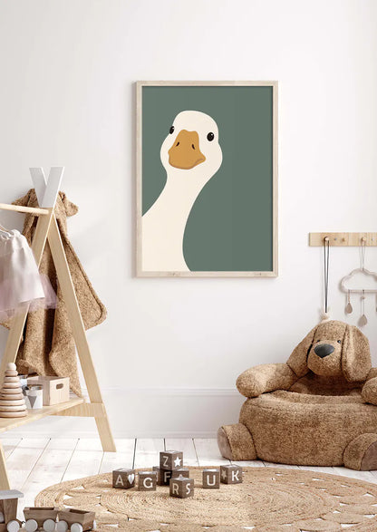 Funny animal wall art featuring curious white duck in modern style