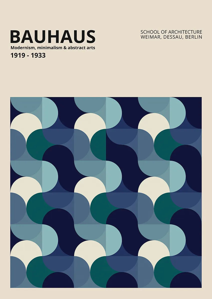 bauhaus geometric poster with curved abstract blue pattern