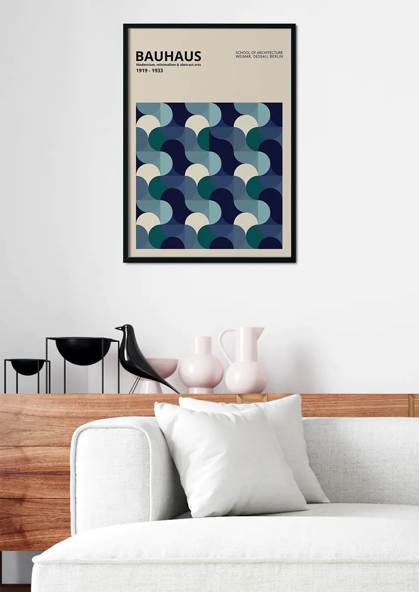 modern bauhaus wall art in navy and teal for minimal interiors
