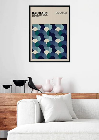 modern bauhaus wall art in navy and teal for minimal interiors