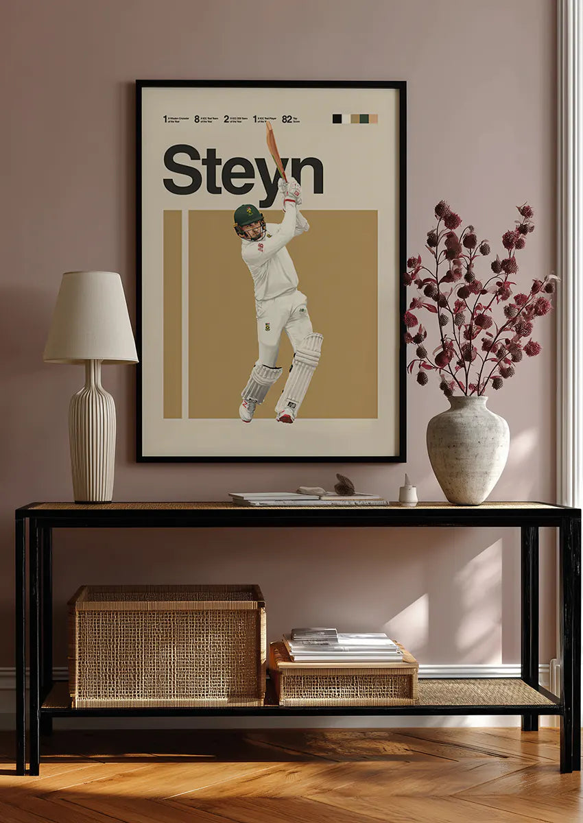 Minimalist cricket wall art featuring Dale Steyn batting