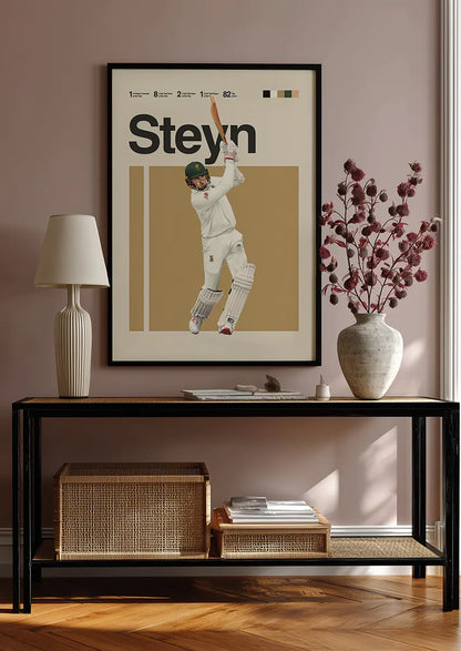 Minimalist cricket wall art featuring Dale Steyn batting