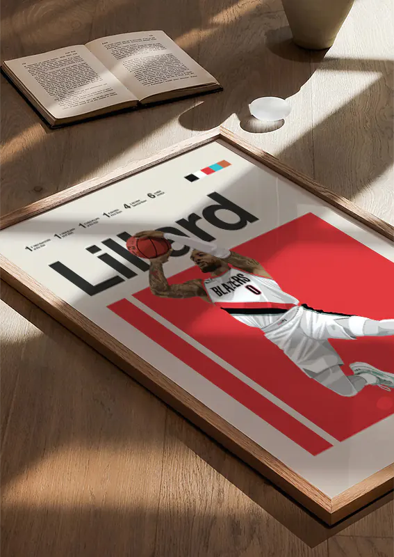 bold red and white sports poster of damian lillard for game rooms