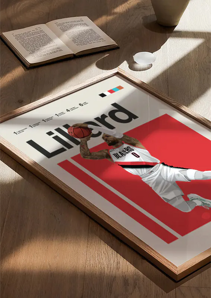 bold red and white sports poster of damian lillard for game rooms