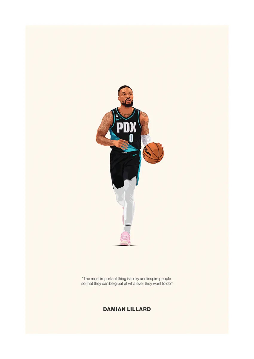 Damian Lillard basketball poster with inspirational quote and PDX jersey