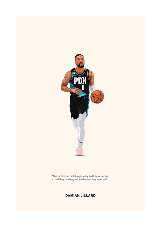 Damian Lillard basketball poster with inspirational quote and PDX jersey