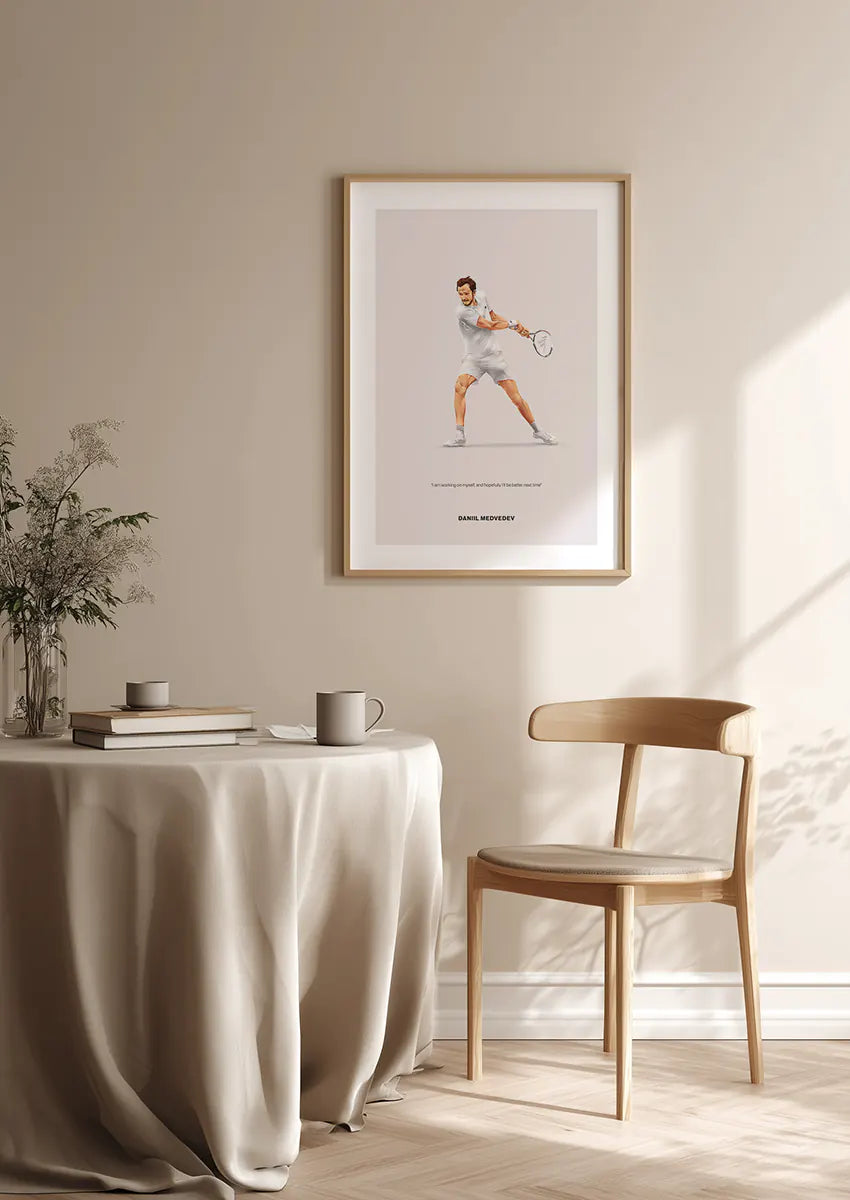 White tennis wall art featuring Daniil Medvedev backhand
