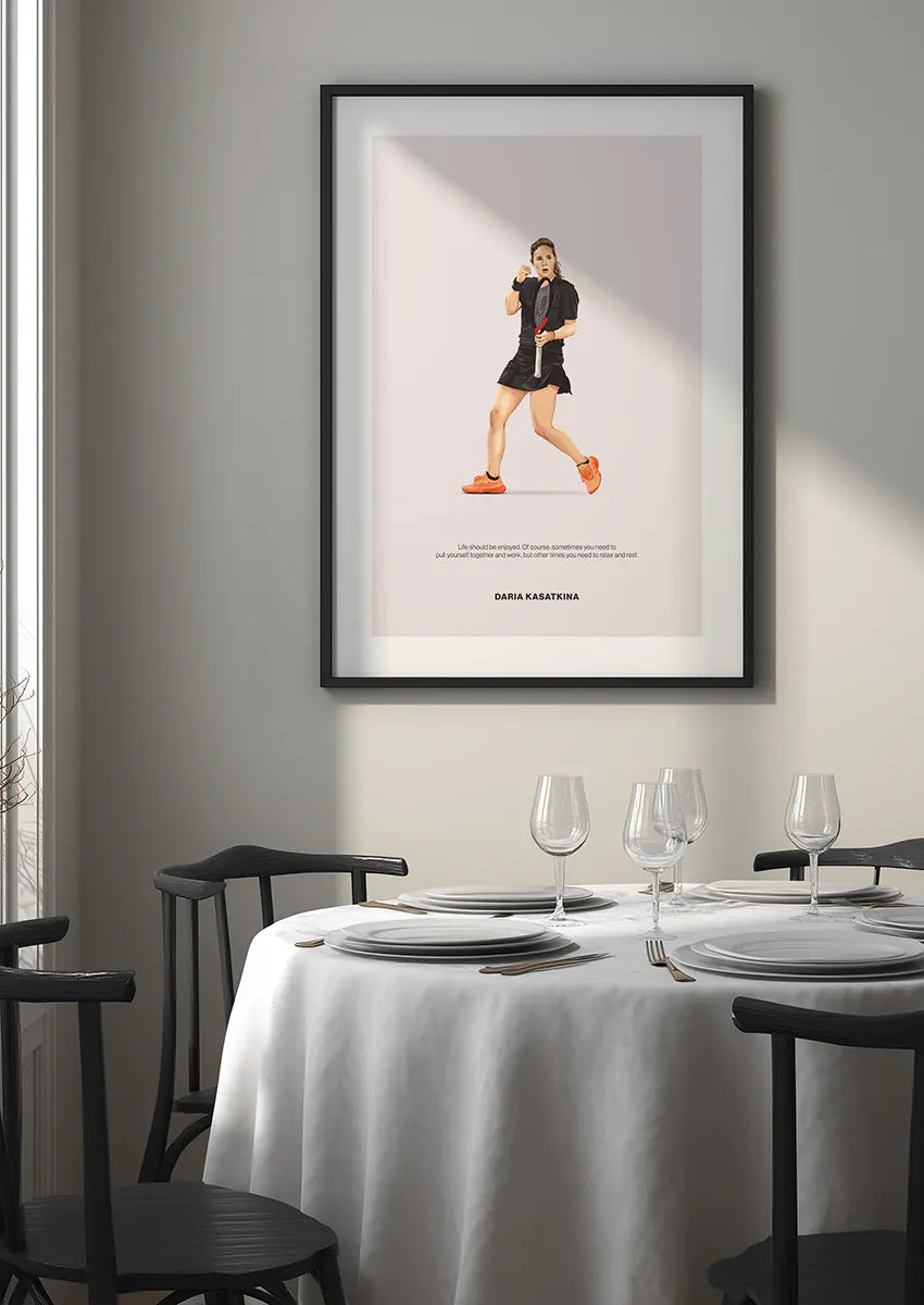 Bold black and orange tennis artwork featuring Daria Kasatkina
