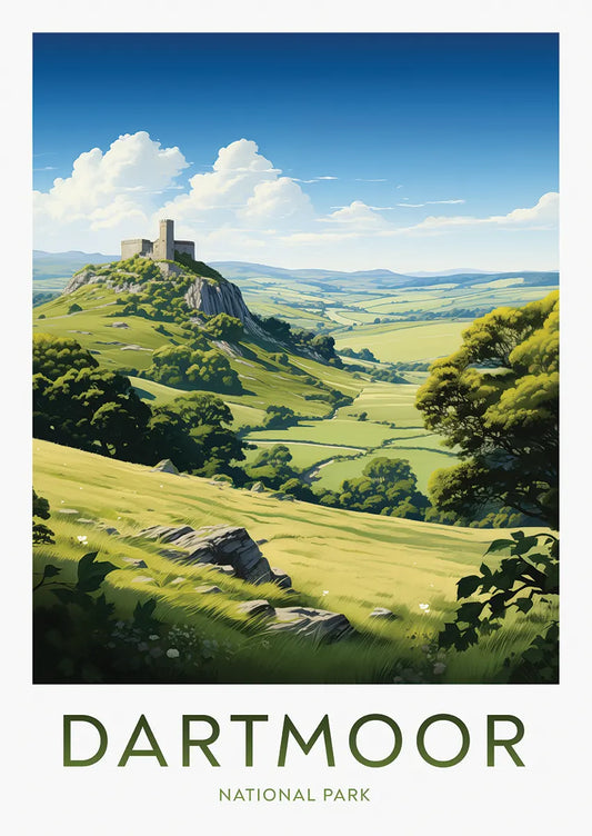 Dartmoor National Park poster with Castle Drogo on hilltop