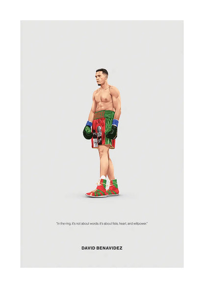 David Benavidez boxing poster with quote about willpower and heart