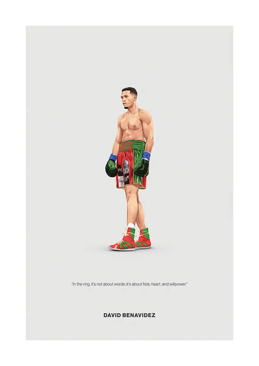 David Benavidez boxing poster with quote about willpower and heart