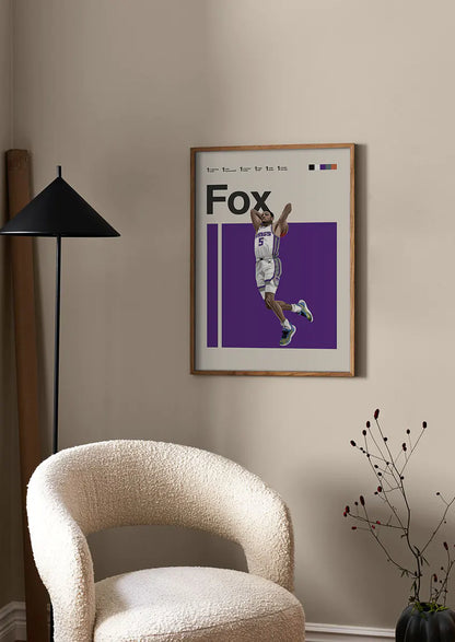 nba slam poster featuring de'aaron fox mid-air in purple and white