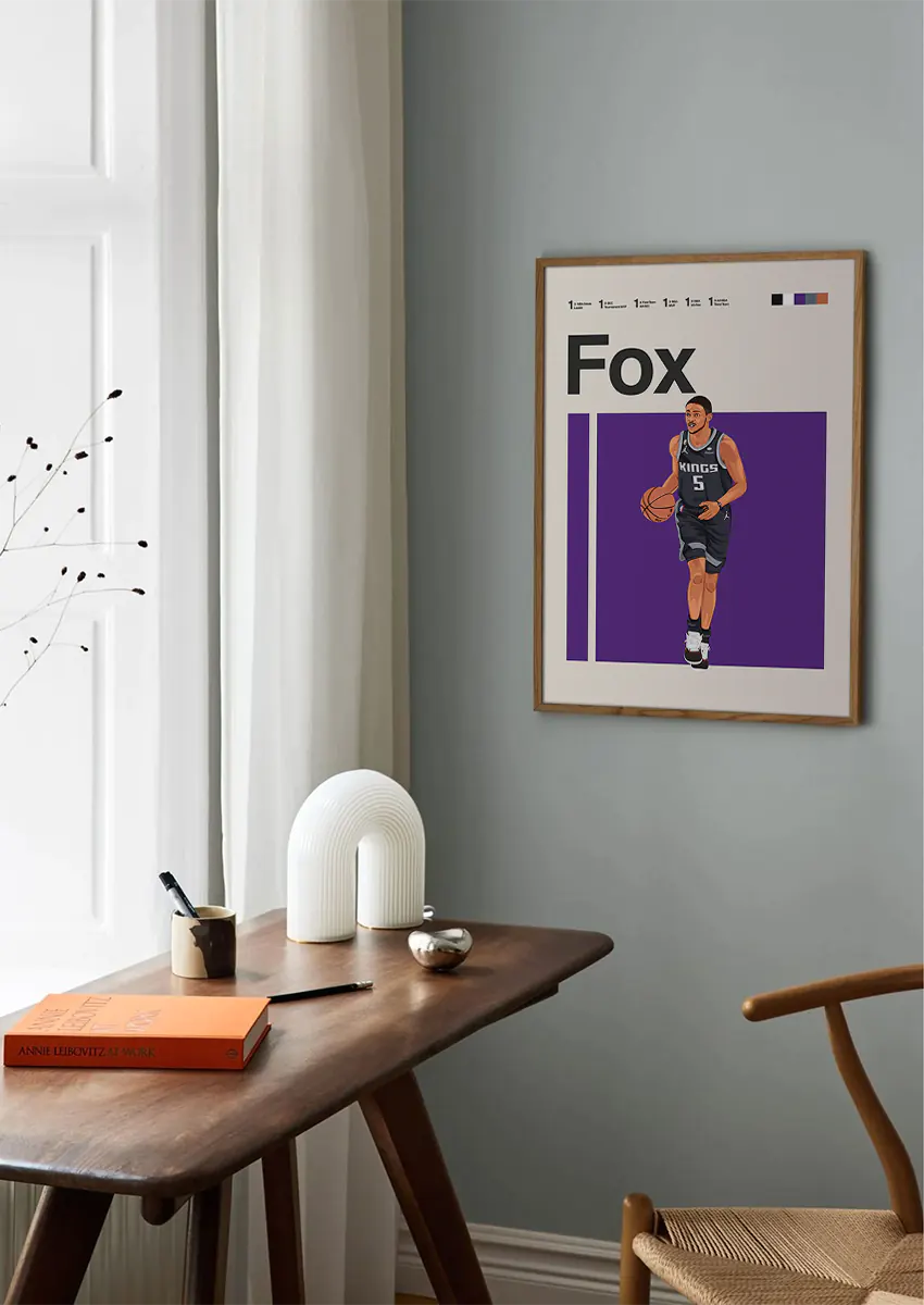 nba athlete de'aaron fox print with purple and grayscale design