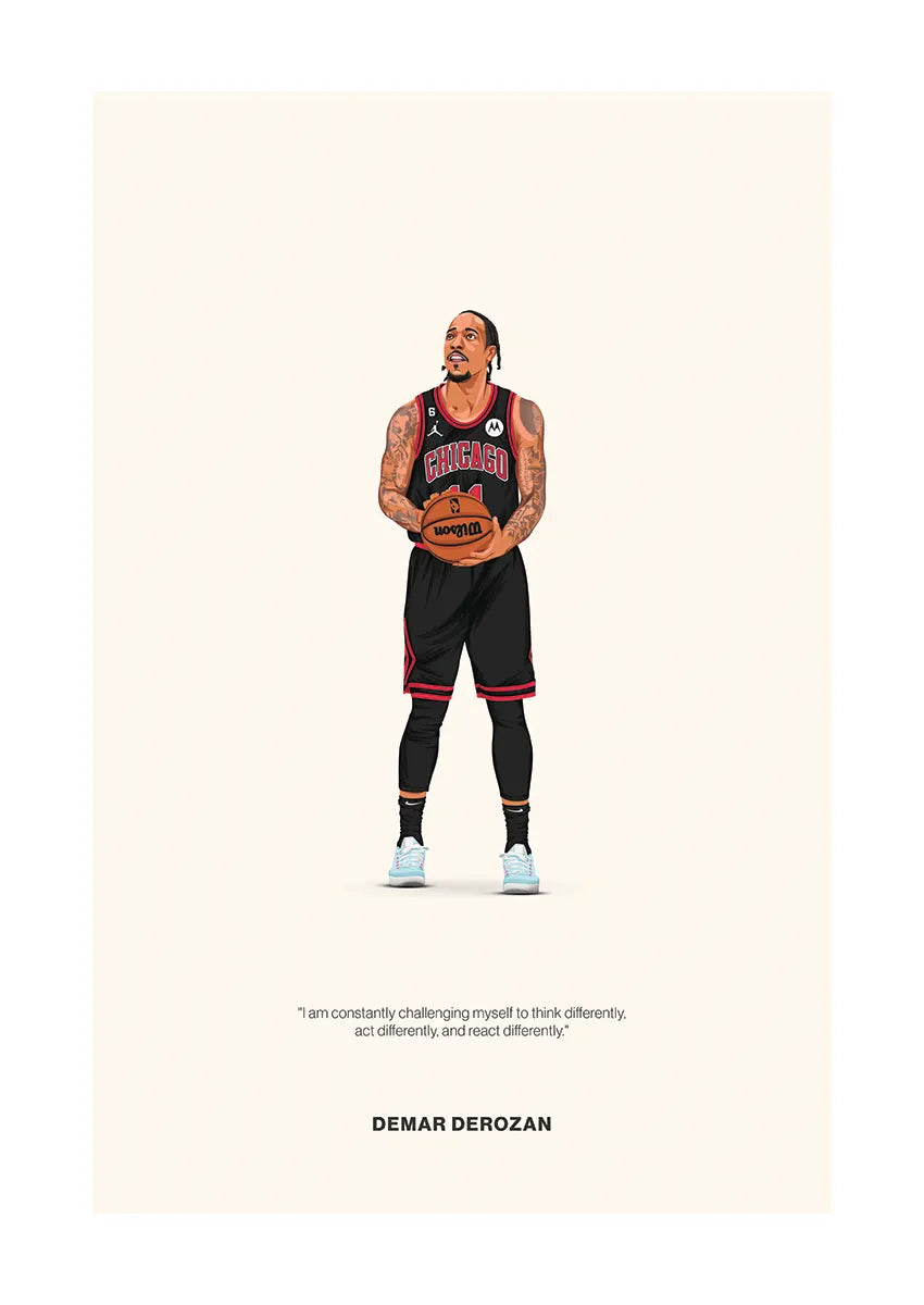 DeMar DeRozan basketball poster with Chicago Bulls jersey and inspirational quote