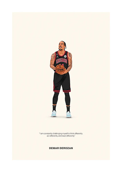 DeMar DeRozan basketball poster with Chicago Bulls jersey and inspirational quote