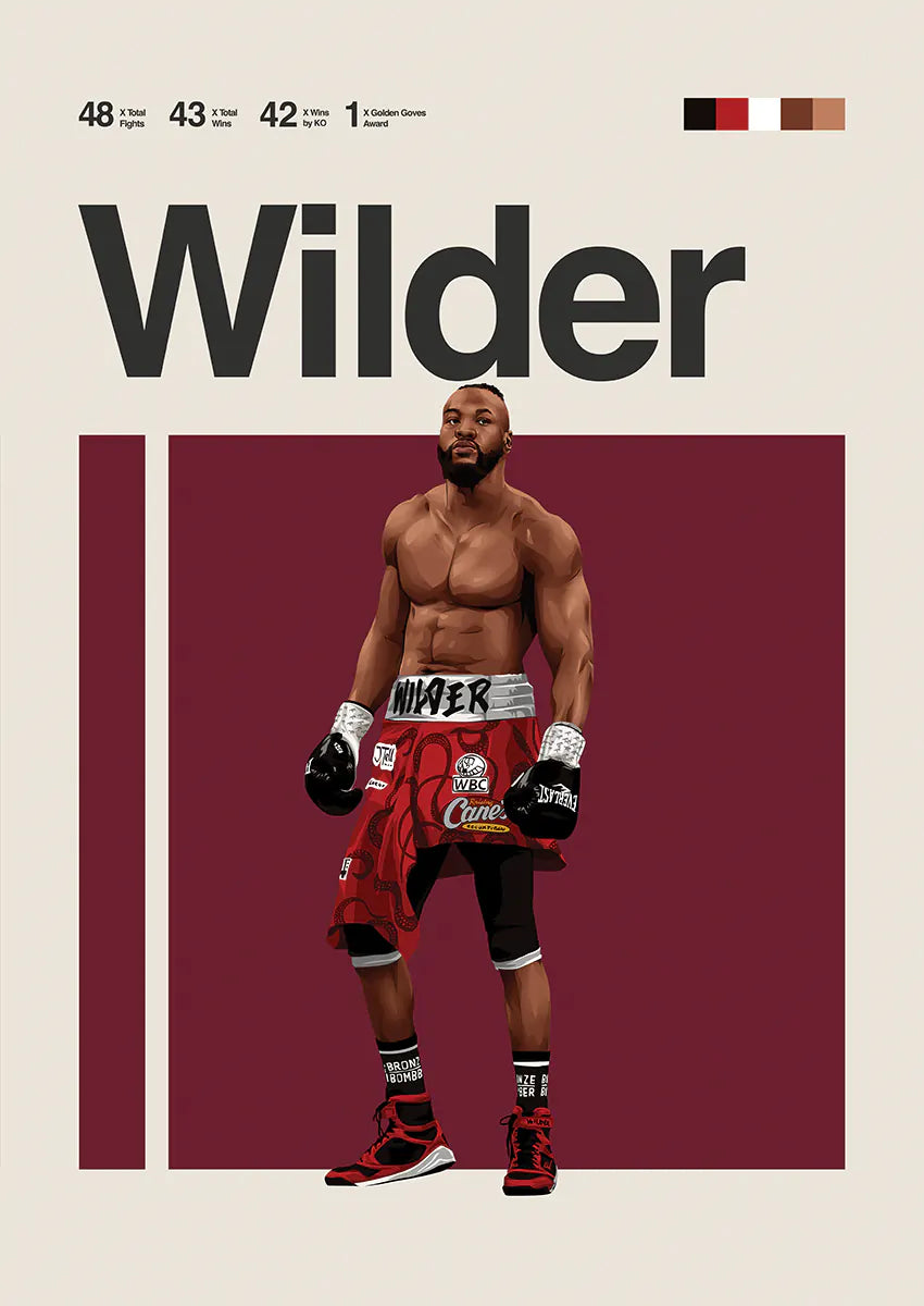 Deontay Wilder poster with boxing stats and red shorts