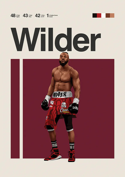 Deontay Wilder poster with boxing stats and red shorts