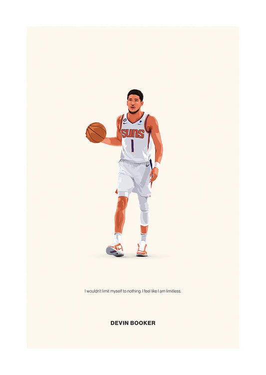 Devin Booker basketball poster in white Suns jersey with motivational quote