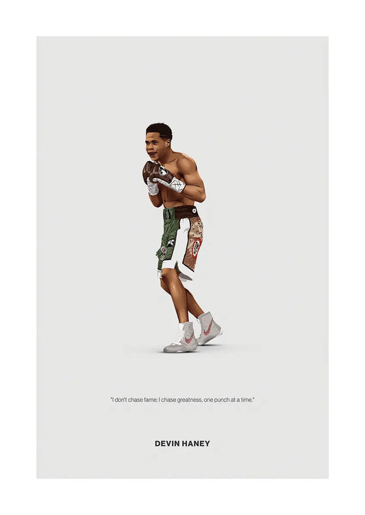 Devin Haney boxing poster with motivational quote about chasing greatness